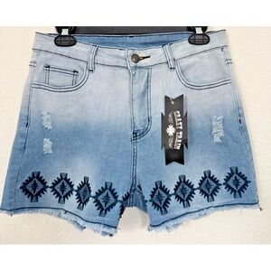 Crazy Train Shorts Blue Denim Large Aztec Embroidery Western Cowgirl Distressed